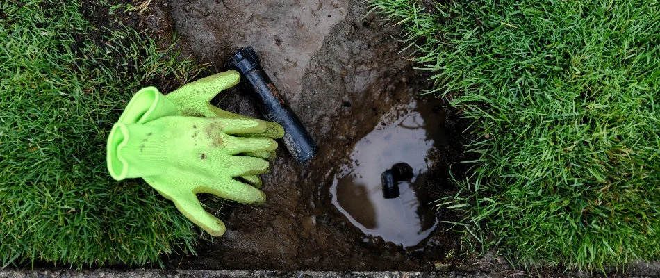 Gloves and tools next to a damaged irrigation sprinkler head in Tarrytown, NY.