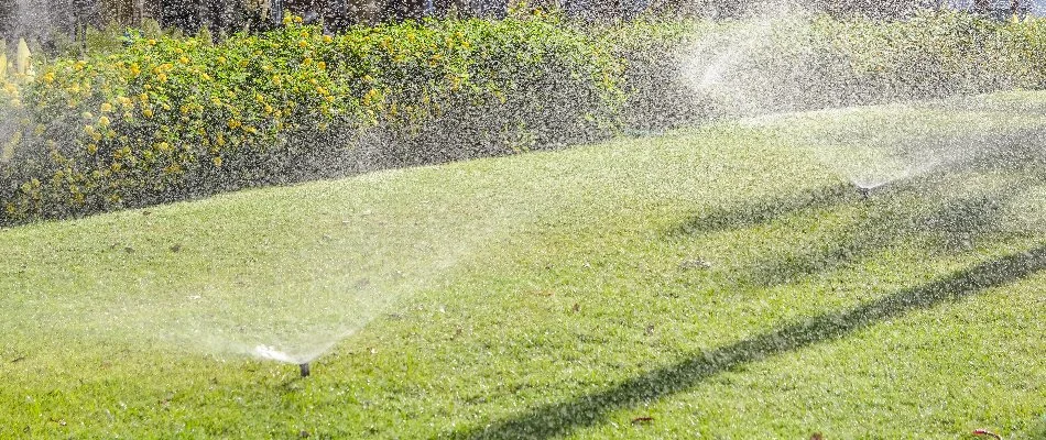 A property in Tarrytown, NY, with a healthy lawn and multiple sprinklers.