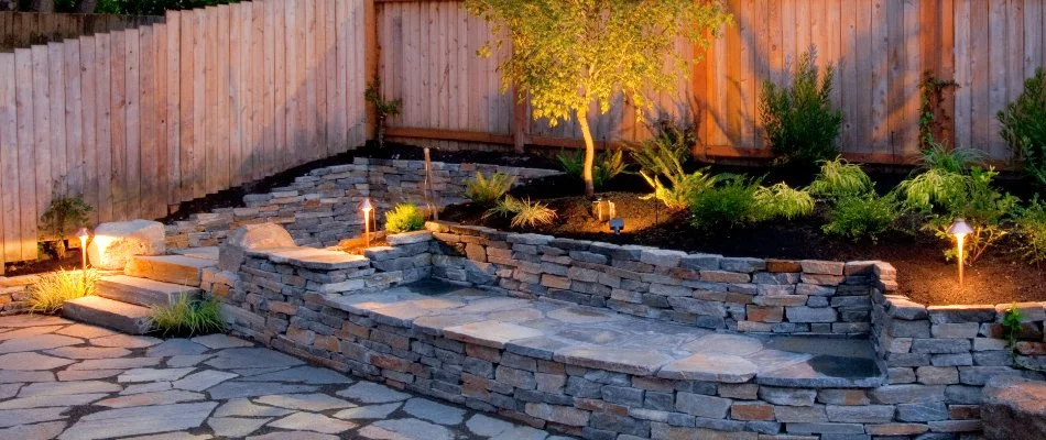 Landscape and outdoor steps in Tarrytown, NY, with landscape lighting.