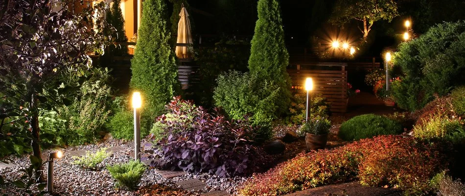 Outdoor lights in a landscape bed in Tarrytown, NY.