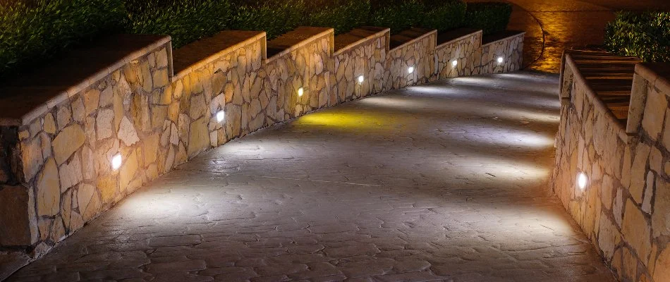 Retaining walls in Saddle River, NJ, with LED lights.