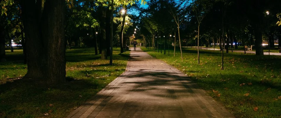 Walkway in Tarrytown, NY, with shadows from trees.