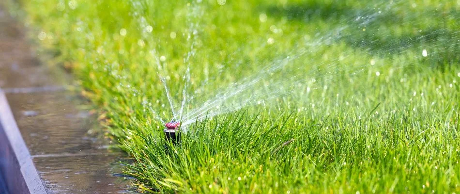 Green grass in East Brunswick, NJ, with irrigation sprinkler head.