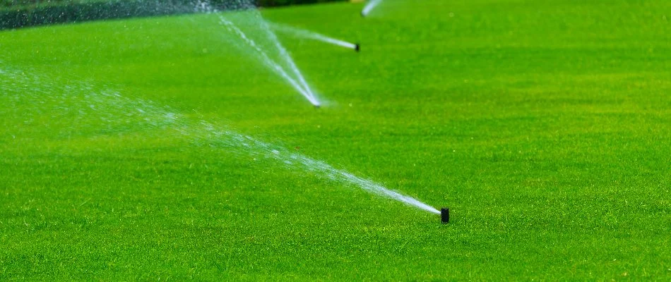 Green lawn in Harlem, NY, with multiple running sprinklers.