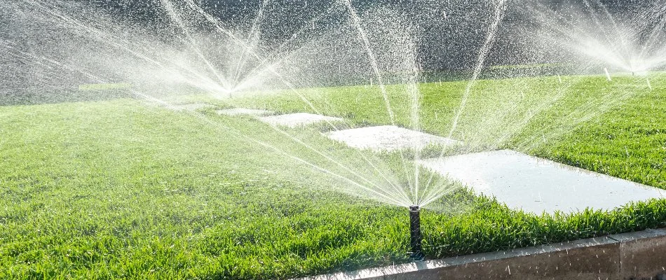 Irrigation sprinkler heads spraying water over a lawn in Norwalk, CT.
