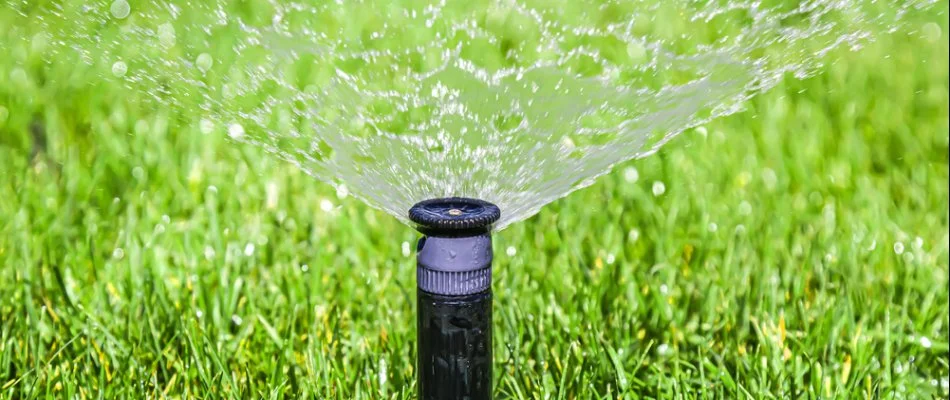 Irrigation system spraying water on a lawn in Greenwich, CT.