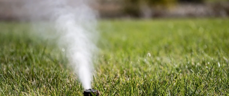 Lawn sprinkler in Woodcliff Lake, NJ, blowing air for winterization.