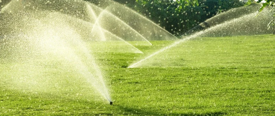 Sprinklers spraying water on grass in Saddle River, NJ.