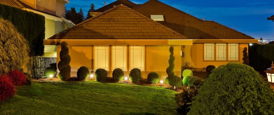 Neat green shrubs with outdoor lighting in Wayne, NJ.