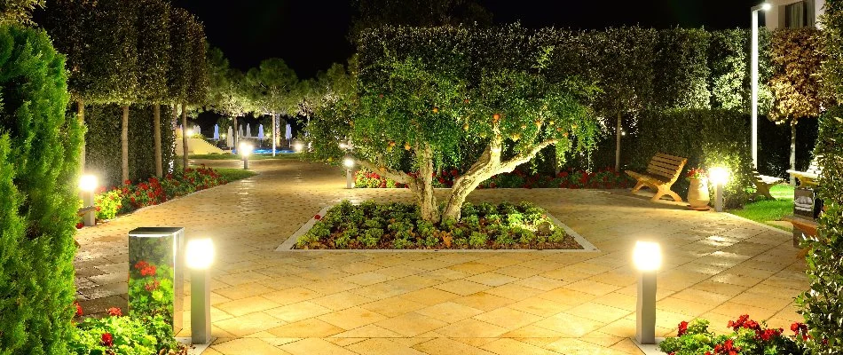 Outdoor lights around a courtyard in Passaic, NJ, with plants.