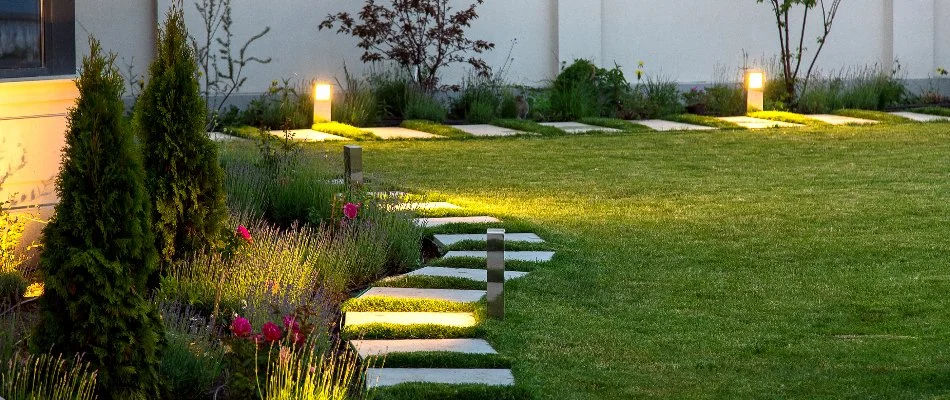 A pathway in a backyard illuminated with outdoor lights in Westchester County, NY.