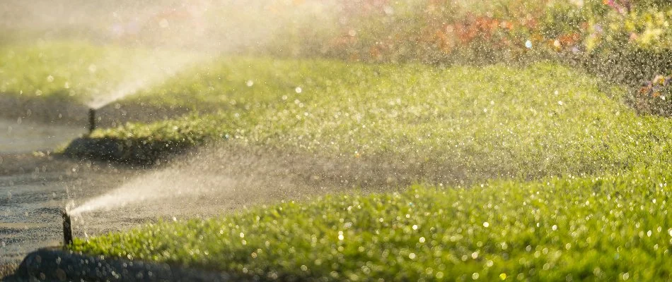 Running sprinklers on the edge of a lawn in Tarrytown, NY.