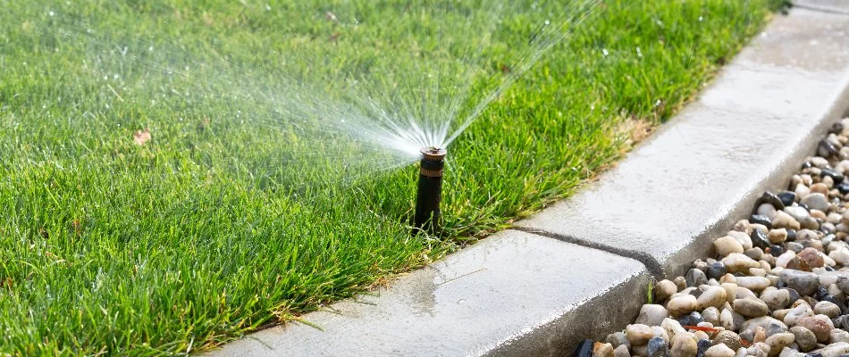 Irrigation system spraying water on a lawn in The Bronx, NY.