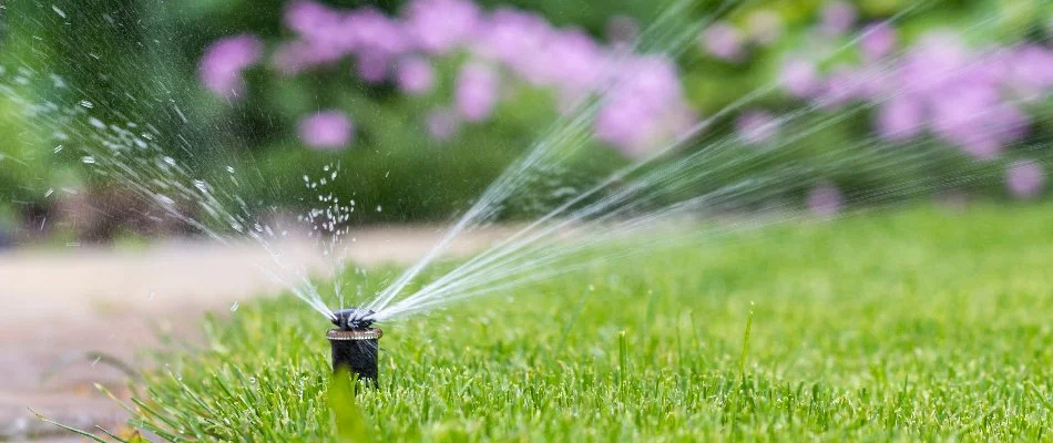 Sprinkler head in Stamford, CT, watering green grass.