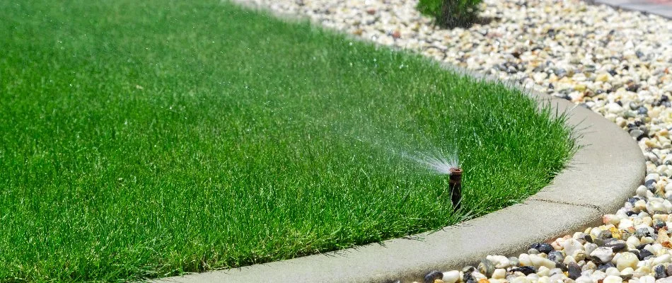 Sprinkler head watering a lawn along a rock landscape in Connecticut.