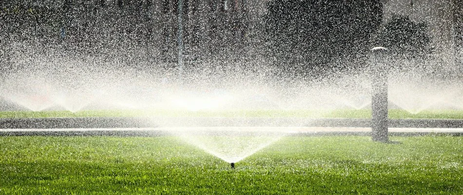 Sprinkler head watering commercial property in Englewood Cliffs, NJ.