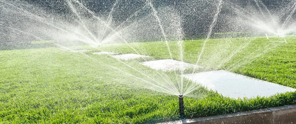 Sprinklers and step stones on a lawn in Hamilton Township, NJ.