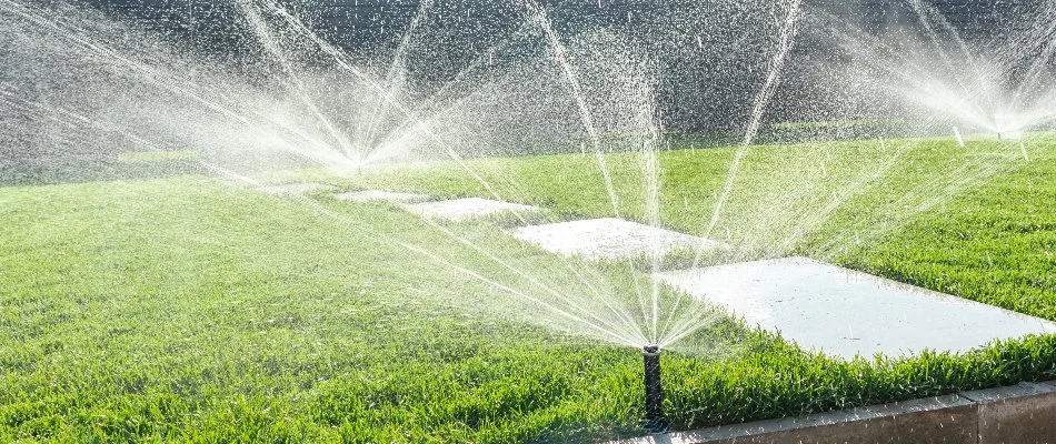 Sprinklers watering a lawn in Elizabeth, NJ, with stepping stones.