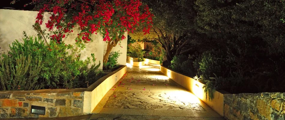 Walkway and landscaping in Franklin Lakes, NJ, with outdoor lighting.