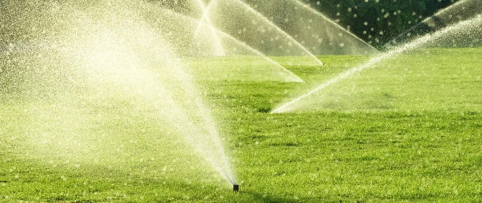 Large lawn in New Brunswick, NJ, with several sprinkler heads.